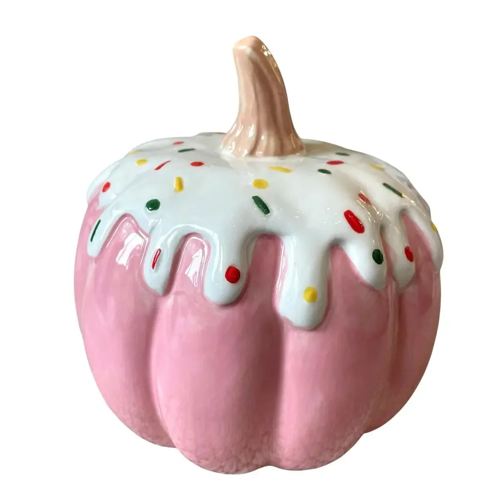 New Frosted Sprinkle PINK Cupcake Ceramic Halloween Pumpkin TikTok 7 Inches
